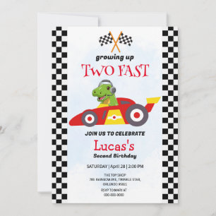 Invitation Deux Fast Dinosaur Race Car 2e fête d'anniversaire