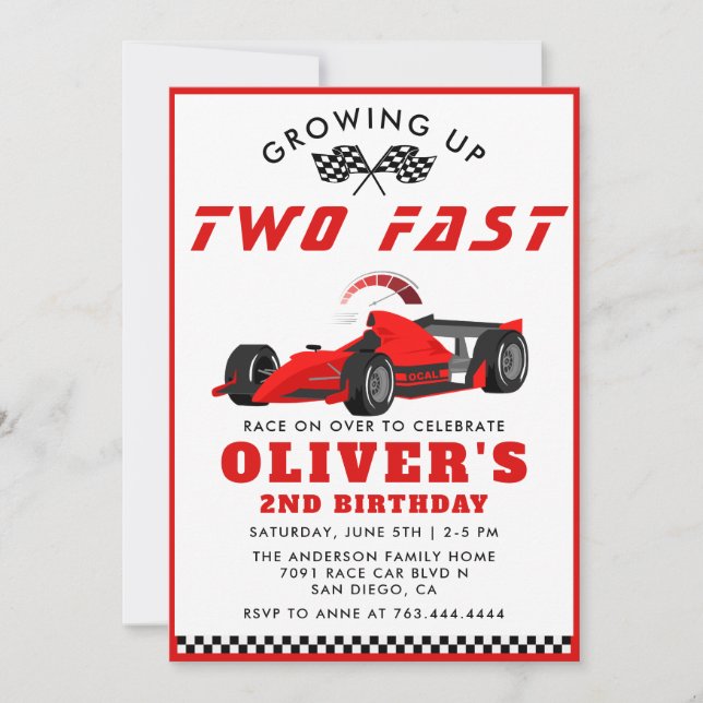 Invitation Deux Fast Race Car Boy 2e fête d'anniversaire (Devant)