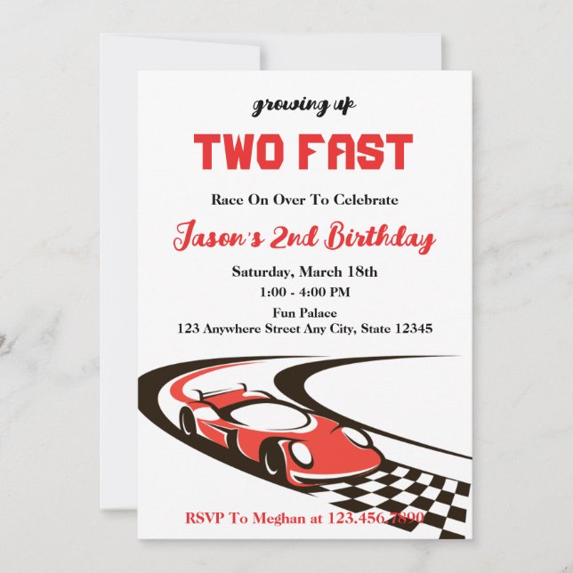 Invitation Deux Fast Race Car Boy 2e fête d'anniversaire (Devant)