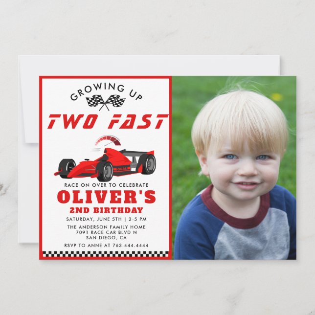 Invitation Deux Fast Race Car Boy 2e Photo Anniversaire (Devant)