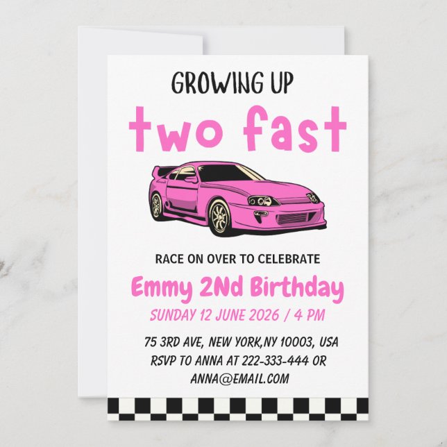Invitation Deux Fast Race Car Girl 2e fête d'anniversaire (Devant)