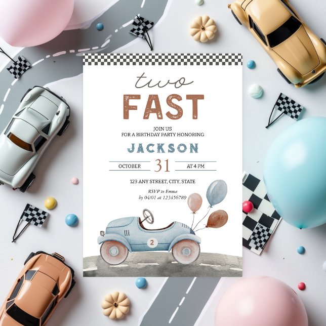 Invitation DEUX Fast Racing Car Blue Boy 2e anniversaire (Two Fast 2 Curious Birthday invitation for 2nd birthday inspired by racing cars)