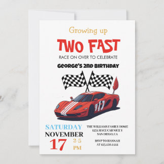 Invitation Deux Fast Red Race Car 2e fête d'anniversaire Blan