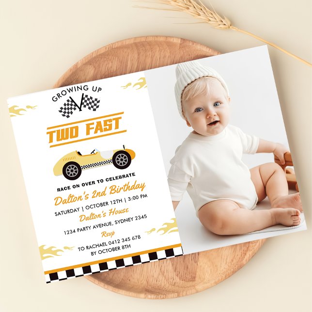 Invitation Deux Fast Yellow Race Car Boy 2e Anniversaire Phot (Créateur téléchargé)