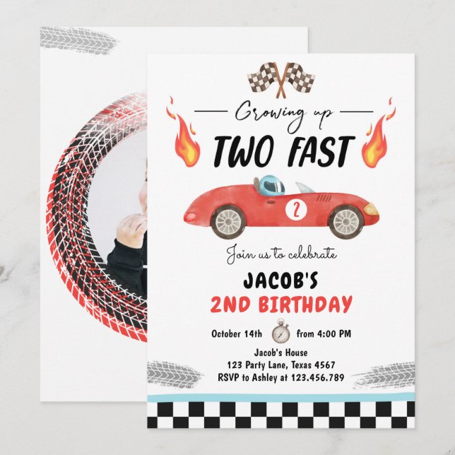 Invitation Deux fête d'anniversaire rapide Red Race Car 2e an (Devant / Derrière)