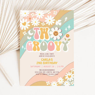 Invitation DEUX Fête Rétro Fleur Hippie 70's Anniversaire