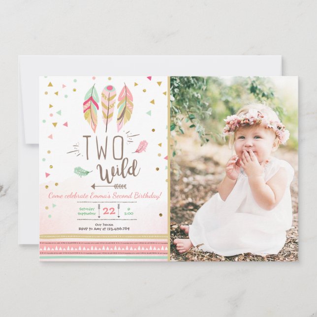 Invitation Deux Fille d'Anniversaire Rose Or 2ème Plumes de B (Devant)