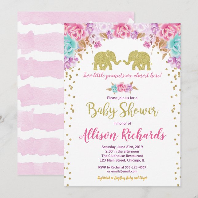 Invitation Deux filles baby shower éléphants or rose (Devant / Derrière)
