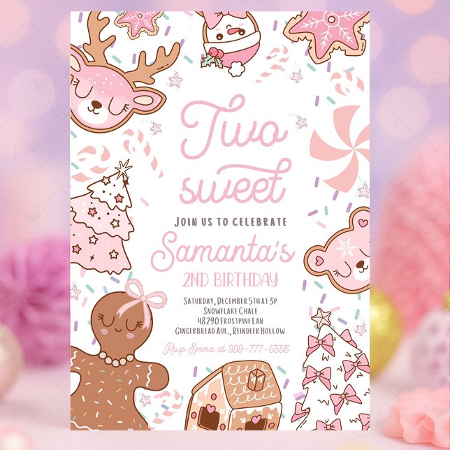 Invitation Deux filles douces Noël Cookie 2e fête d'anniversa (Two Sweet girl Christmas cookie second birthday party invitation with gingerbread, holiday cookies, )
