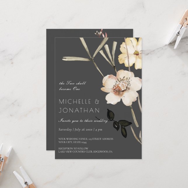 Invitation Deux fleurs blanches sur gris Mariage chrétien mod (Devant/Arrière en situation)