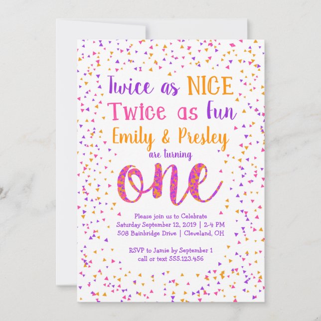 Invitation Deux fois comme Nice Confetti Twin Girls Premier a (Devant)
