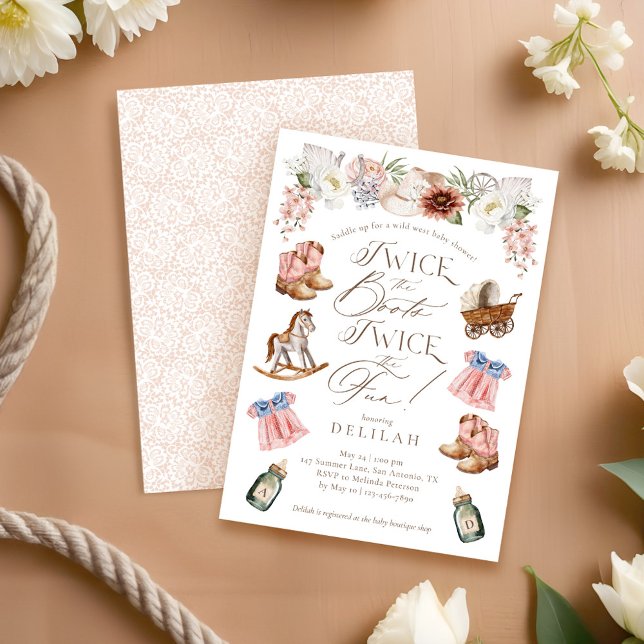 Invitation Deux fois les Bottes Twin Girls Baby shower occide (Twice the Boots Twin Girls Western Baby Shower Invitation)