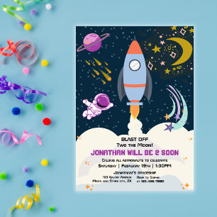 Invitation Deux Garçon Lune Espace Fusée 2e Anniversaire
