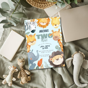 Invitation Deux Garçons Wild Safari 2ème Anniversaire Bleu