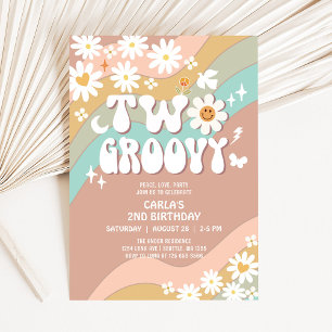 Invitation Deux Groovy Beige Vert Daisy Hippie 2ème Anniversa