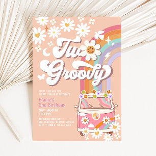 Invitation Deux Groovy Rose Fleur Rainbow Hippie 2ème Anniver