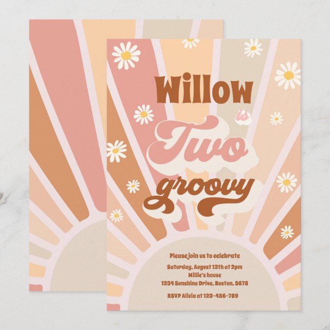 Invitation Deux hippie Super 2e anniversaire Sunshine Daisy (Devant / Derrière)