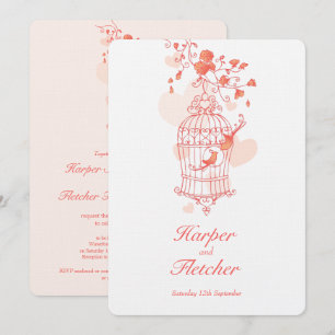 Invitation Deux inséparables volière corail mariage