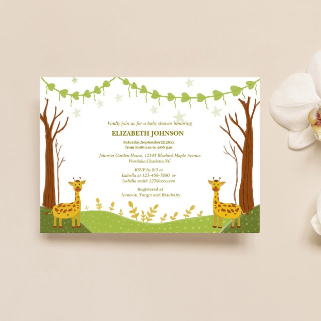 Invitation deux jolies girafes dans un baby shower boisé vert (Créateur téléchargé)