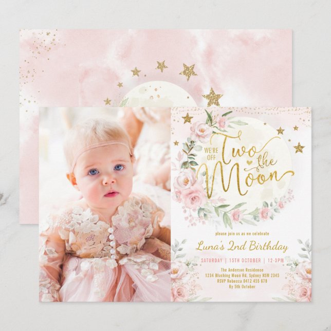 Invitation Deux la Lune Blush Pink Flowers 2e anniversaire fi (Devant / Derrière)