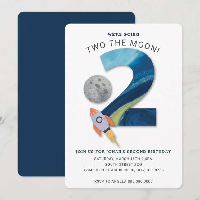 Invitation DEUX la lune deuxième anniversaire (Devant / Derrière)