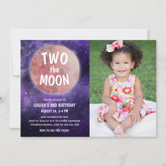 Invitation Deux la lune violet rose fille 2e anniversaire Pho (Devant)