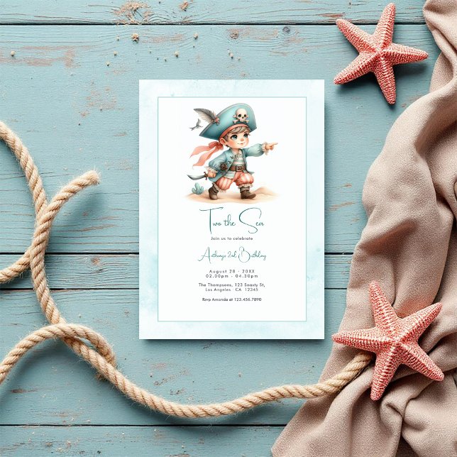 Invitation "Deux la mer" Pirate Toddler 2e fête d'anniversair (“Two the Sea” Pirate Toddler 2nd Birthday Party Invitation)