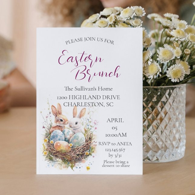 Invitation deux lapins en panier avec oeufs Brunch de Pâques (Créateur téléchargé)