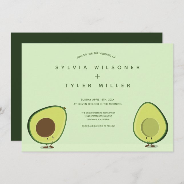 Invitation Deux Mariage d'illustration vert à moitié Avocado (Devant / Derrière)