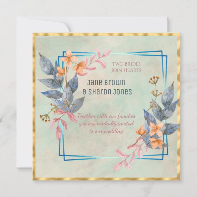 Invitation Deux Mariées Lesbiennes Aquarelle Fleurs Mariage (Devant)