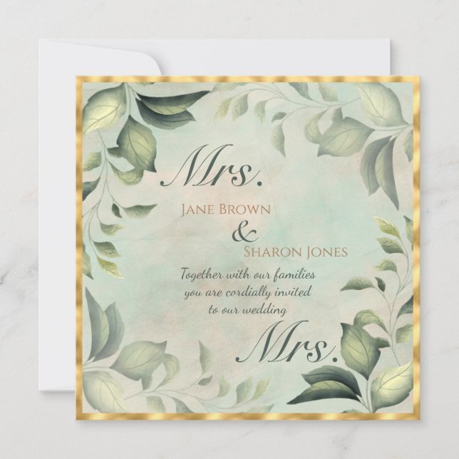 Invitation Deux mariées Mariage lesbien aquarelle verdure (Devant)