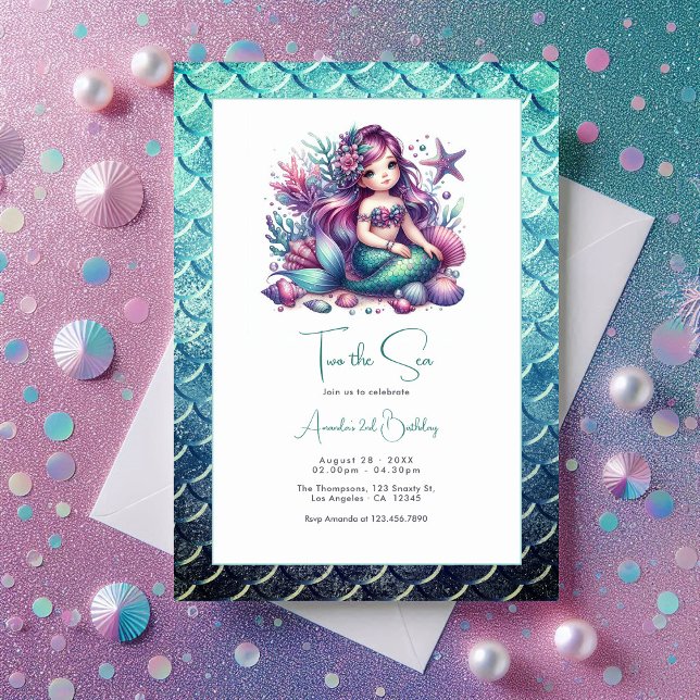 Invitation "Deux mers" Mermaid 2e fête d'anniversaire (“Two the Sea” Mermaid 2nd Birthday Party Invitation)