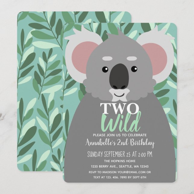 Invitation Deux mignonettes sauvages Koala Kids Deuxième anni (Devant / Derrière)