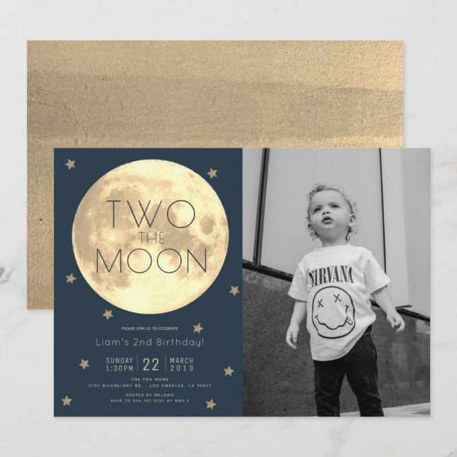 Invitation Deux Moon Navy Blue Boy Photo 2e anniversaire (Devant / Derrière)