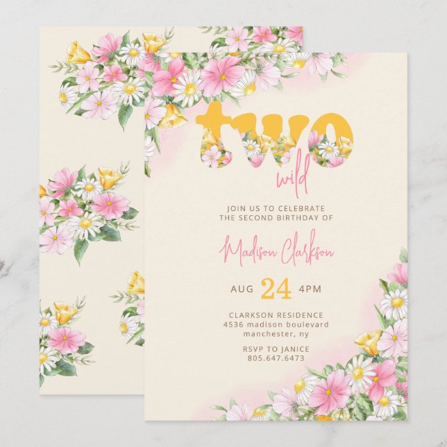 Invitation Deux moutarde sauvage et Fleur sauvage rose Annive (Devant / Derrière)