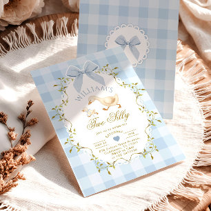 Invitation Deux Oie Idiote Bleu Gingham Garçon 2e Anniversair