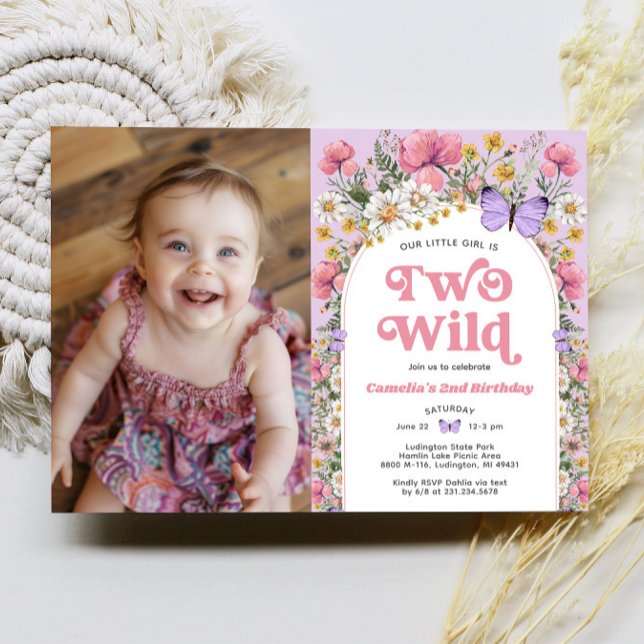 Invitation Deux papillons sauvages Fleur sauvage 2e anniversa (Two Wild Butterfly Wildflower 2nd Birthday Photo Invitation)