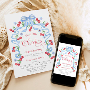 Invitation Deux petites cerises Twins Blue bow baby shower