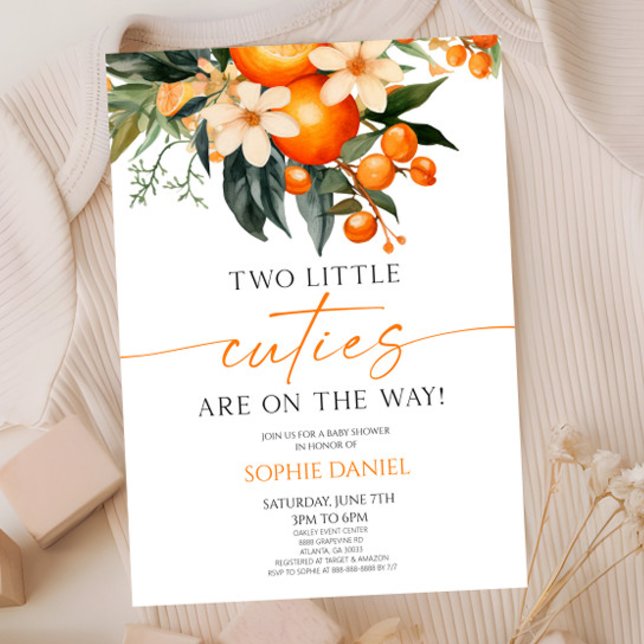 Invitation Deux Petites Cuties Orange Floral Twins Baby showe (Créateur téléchargé)