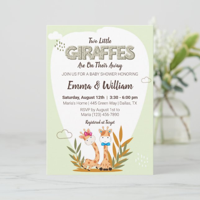 Invitation deux petites girafes baby shower girafe aquarelle (Debout devant)