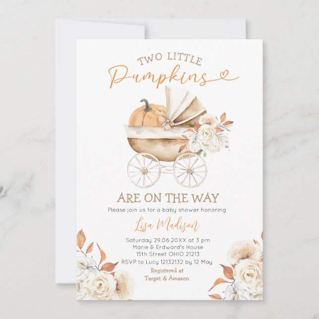 Invitation Deux Petits Baby showers Floraux Citrouille (Devant)