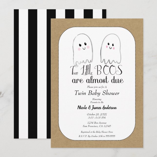 Invitation Deux petits boos jumeaux fantômes Baby shower d'Ha (Devant / Derrière)