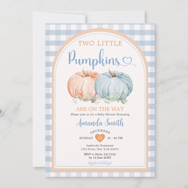 Invitation Deux Petits Citrouilles Bleu En vichy Baby shower  (Devant)