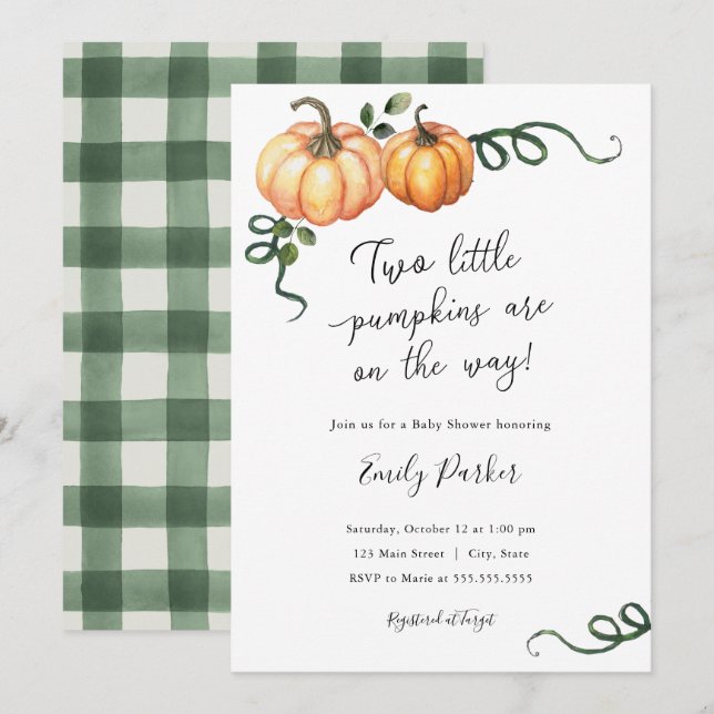 Invitation Deux petits citrouilles en chemin Twin Baby shower (Devant / Derrière)