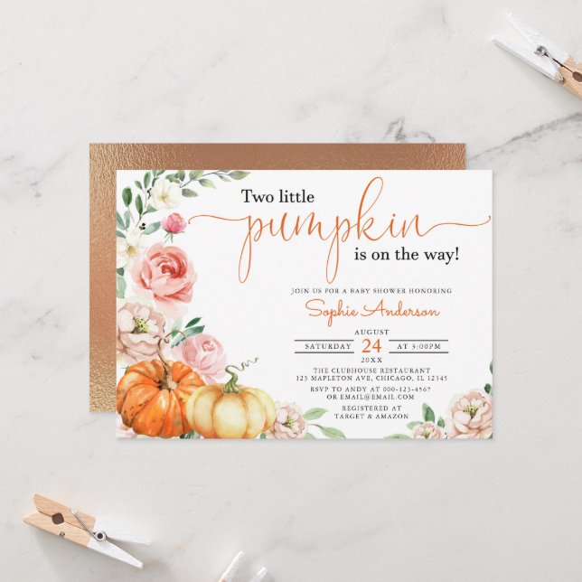 Invitation Deux Petits citrouilles tombent baby shower Twins  (Devant/Arrière en situation)