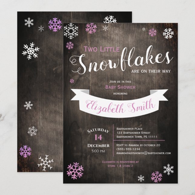 Invitation Deux petits flocons de neige Baby-douche invitatio (Devant / Derrière)