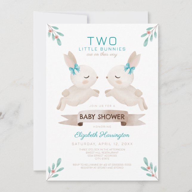 Invitation Deux petits lapins Bunny Twin Boys Baby shower (Devant)