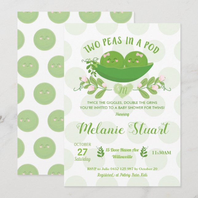 Invitation Deux petits pois dans un Baby shower de pod Invita (Devant / Derrière)