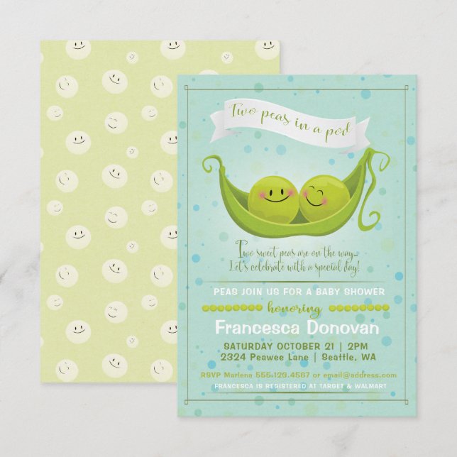 Invitation Deux petits pois dans un Baby shower Jumeaux Pod I (Devant / Derrière)