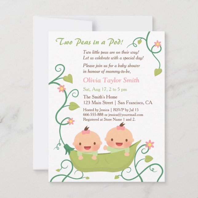 Invitation Deux petits pois dans un Baby shower pour filles j (Devant)